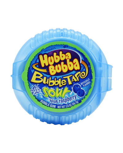 The Hubba Bubba Sour Blue Raspberry Bubble Gum Tape is pictured here.