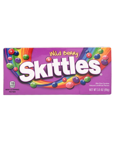 The Skittles Wild Berry Candy Bite Size 3.5 OZ Box is pictured here.