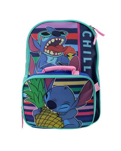 Carry the chill vibes with the "Bioworld" Stitch Backpack with Detachable Lunchbox. The backpack shows Stitch eating ice cream while wearing sunglasses, while the lunchbox shows him eating a pineapple.