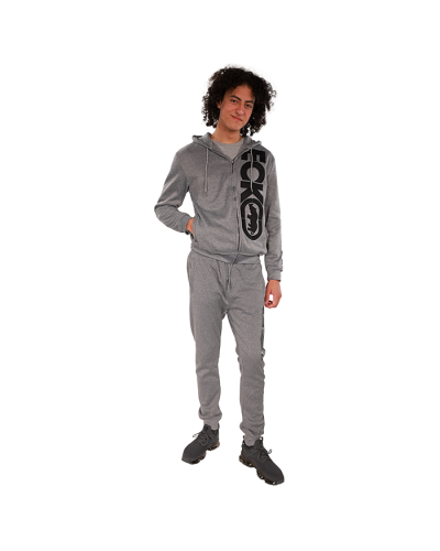 The male model wears our grey "Ecko" Zip Fleece Twill Hoodie, "Ecko" Fleece Screen Print Jogger Pants, and black "Edition" Knit Lace-Up Athletic Sneakers.