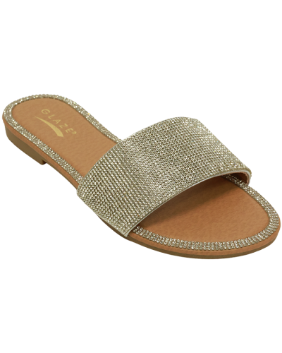 “GLAZE” Rhinestone Single Strap Sandal Flats Slides