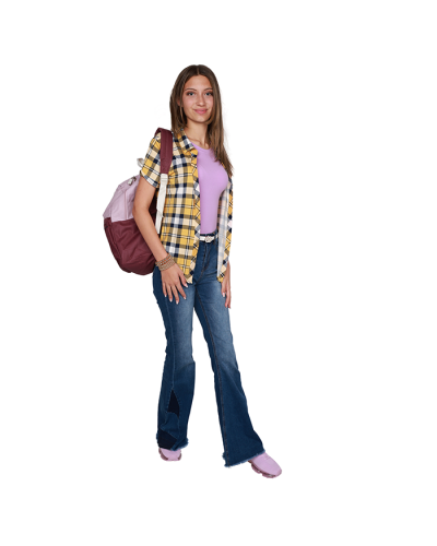 The female junior model wears the contemporary navy, yellow and white "No Comment" Short Sleeve Plaid Button Down Top, lavender "Bozzolo" Short Sleeve Crew Neck Basic Tee, "Hot Kiss" 11" Dark Wash Distressed Hem Denim Flare Jeans, and lavender "LA Sheelah
