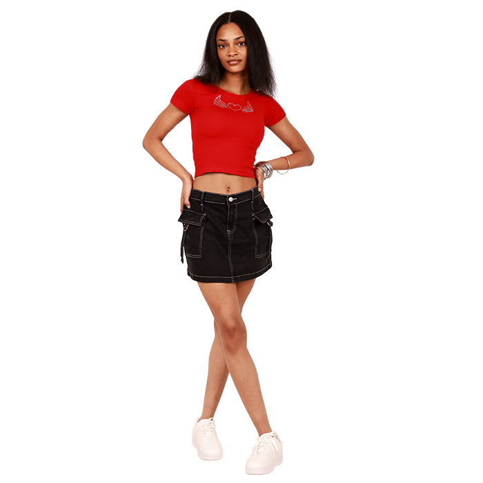 Red crop top and black skirt outlet