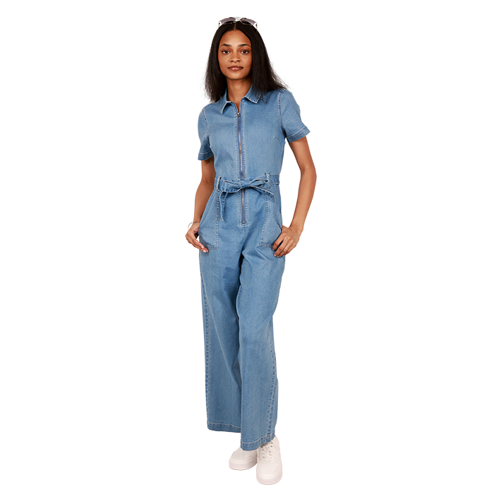 No Comment Short Sleeve Collared Zip up Denim Jumpsuit