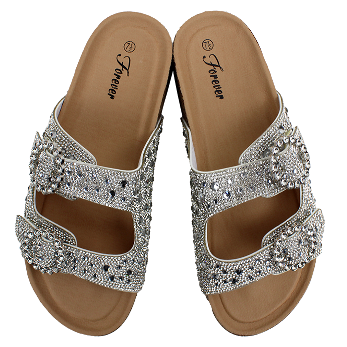 Forever Cork Sole Rhinestone Circle Double Buckle Flat Sandals