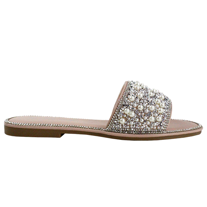 Swankiss☆ribbon perl sandal Casual Rhinestone Pearl Bow Decor Square Toe Slippers