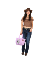 The women's junior model wears the brown "Almost Famous" Cap Sleeve Floral Mesh Top, "YMI" 31" Dark Wash Bootcut Denim Jeans, and the brown "Soda" Cowboy Boots.