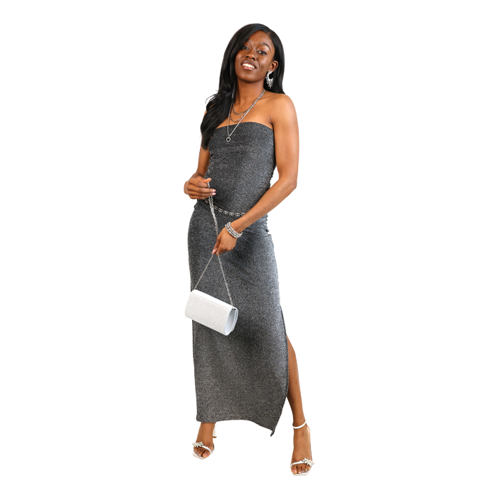 "MADDEN" 46" Glitter Lurex Tube Slit Dress