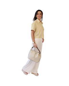 "NO COMMENT" Linen Contrast Stipe Button-Up with Pocket Short Sleeve Shirt