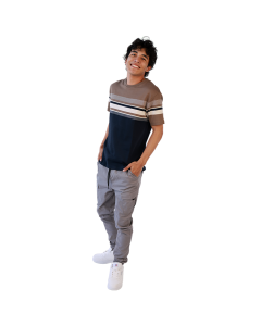 "FASHION" Crew Neckline Navy & Khaki Stripe Pattern Knit Shirt