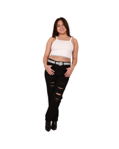 The female junior model wears the white "New Mix" Rhinestone Drop Tank Crop Top, "Wax" 25" Black Distressed Denim Jeans and the black "Top" 3" Stack Pleather Heeled Booties. 