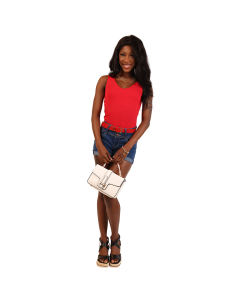 The women's junior model wears the red 
