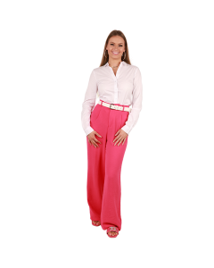 The female contemporary model wears the white "Cotton" Long Sleeve Button Down Top, fuchsia "No Comment" High Waisted Air Flow Pants, and the fuchsia "Weeboo" Rhinestone Buckle Slide Flat Sandals.
