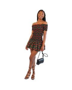 The women's junior model wears the black cherry printed 