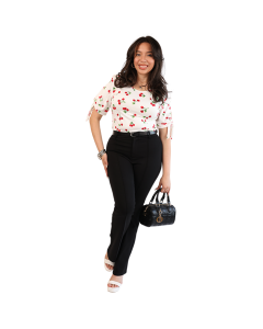 "NY Invasion" Short Sleeve Cherry Tie Round Neck Top