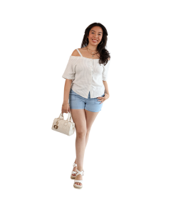The women's contemporary model wears the white 