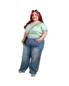 The women's plus-size model wears the mint green 