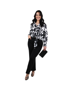 "Zenobia" Long Sleeve Satin Botanical Print Tie Front Top