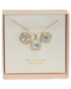 "XIME" Gold Rhinestone Square Halo Neacklace and Earring Set