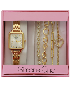 "ROYAL TIME" Gold Tone Square Dial with 4 Heart Bracelet Set