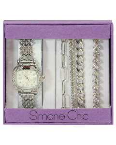 "ROYAL TIME" Silver Tone Square Dial with 4 Bracelet Set