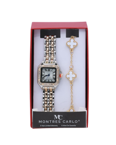 Gold Silver Tone Rhinestone Square Quartz Watch Clover Bracelet