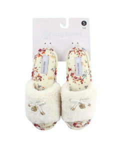 The "Daisy Fuentes" Beige Floral Faux Fur Slippers are pictured here.