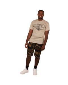 The male model wears the coconut-colored "Aero" Short Sleeve Aero 1989 Globe Graphic Tee, camo "South Pole" Twill Elastic Waist Drawstring Cargo Shorts, and the white "Forever" Low Top Pleather Lace-up Sneakers.