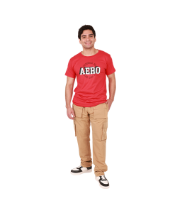 The male model wears the red "Aero" Short Sleeve Aero Circle Graphic Tee, khaki "SP" Nylon Multi-Pocket Cargo Pants, and black and white "Forever" Low Top Pleather Lace-up Sneakers.