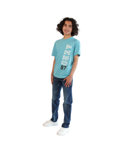 The male model wears the "Aero" Short Sleeve Light Blue Vertical Print Tee, medium wash "Cultura" Skinny Stretch Denim Jeans, and the white "Forever" Low Top Lace Tie Court Athletic Shoes.