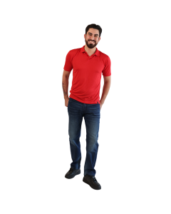 The male model wears the red "Rhino" Solid Color Cotton Polo Shirt, dark wash "Cultura" Skinny Stretch Denim Jeans, and the black "Air" Solid Pleather Lace-up Low Top Athletic Sneakers.