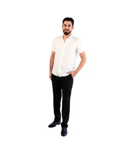 The male model wears the white 