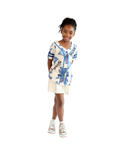The girl model wears the "Stitch" Button Down Baseball Tee, "Wallflower" Woven Pleated Skort, and the cocoa-colored "Lucky" High Top Platform Canvas Sneakers.