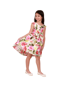The girl model wears the multicolored white "Gerson" Fancy Sleeveless Floral Dress with white "Top Guy" Bow Embellished Ballet Flats.