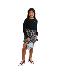 “SRK” 2 Piece Gathered Long Sleeve and Plaid Pleated Skirt Set
