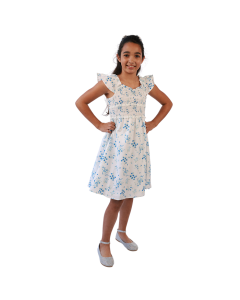 "PARIS HILTON" Floral White & Blue Print with Bow Fuffle Sleeves