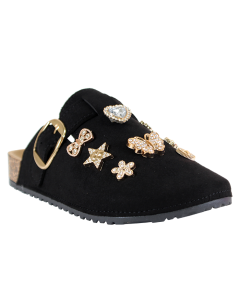 The black "Wild" Closed Toe Cork Sole Charm Flats are pictured here.