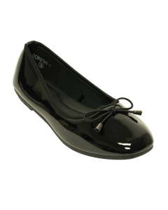 three quarter view of Dorothy High Gloss Black Flats with Tie