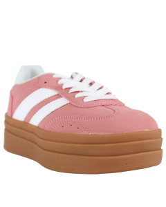 "La Sheelah" Tan Sole Striped Pleather Lace-Tie Athletic Shoes