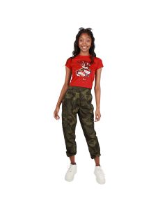 The female junior model wears the "Ed Hardy" Short Sleeve Red Love Bird Cherry Crop Top, "AF" Skinny Pull-on Camo Cargo Pants, and the white "Top" Platform Athletic Sneakers.