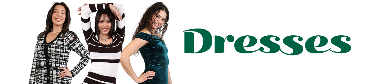 Banner with an image of three women with text reading "Dresses" on the right