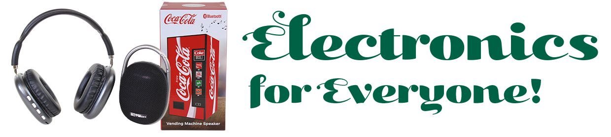 Image of Bluetooth headphones and speaker with the text "Electronics for Everyone!"