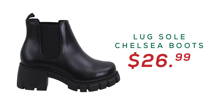 Profile view of a black rounded toe pleather lug sole bootie priced at $26.99