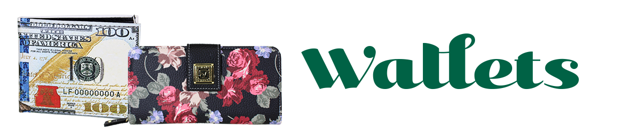 Men's wallet with $100 bill print on the exterior and women's wallet with a floral print with the text Wallets to the right of them