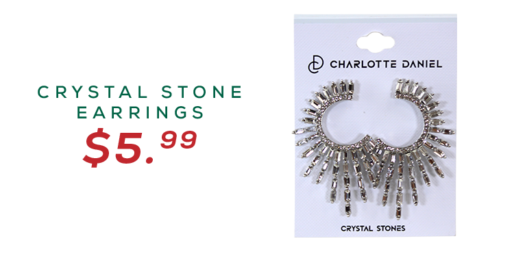 An image of crystal stone earrings that are half circle shaped with the crystals radiating our of the exterior perimeter of the half circle for $5.99