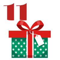 Number 11 with red and green present