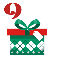 Number 9 with red and green present