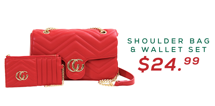 Image of matching red and gold tone hardware, chevron stitch flap top handbag and card holder for $24.99