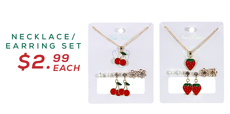 Gold tone cherry and strawberry jewelry sets with 3 pairs of earrings and a necklace for $2.99 each
