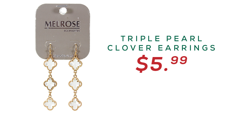An image of gold tone dangling triple pearl clover earrings for $5.99